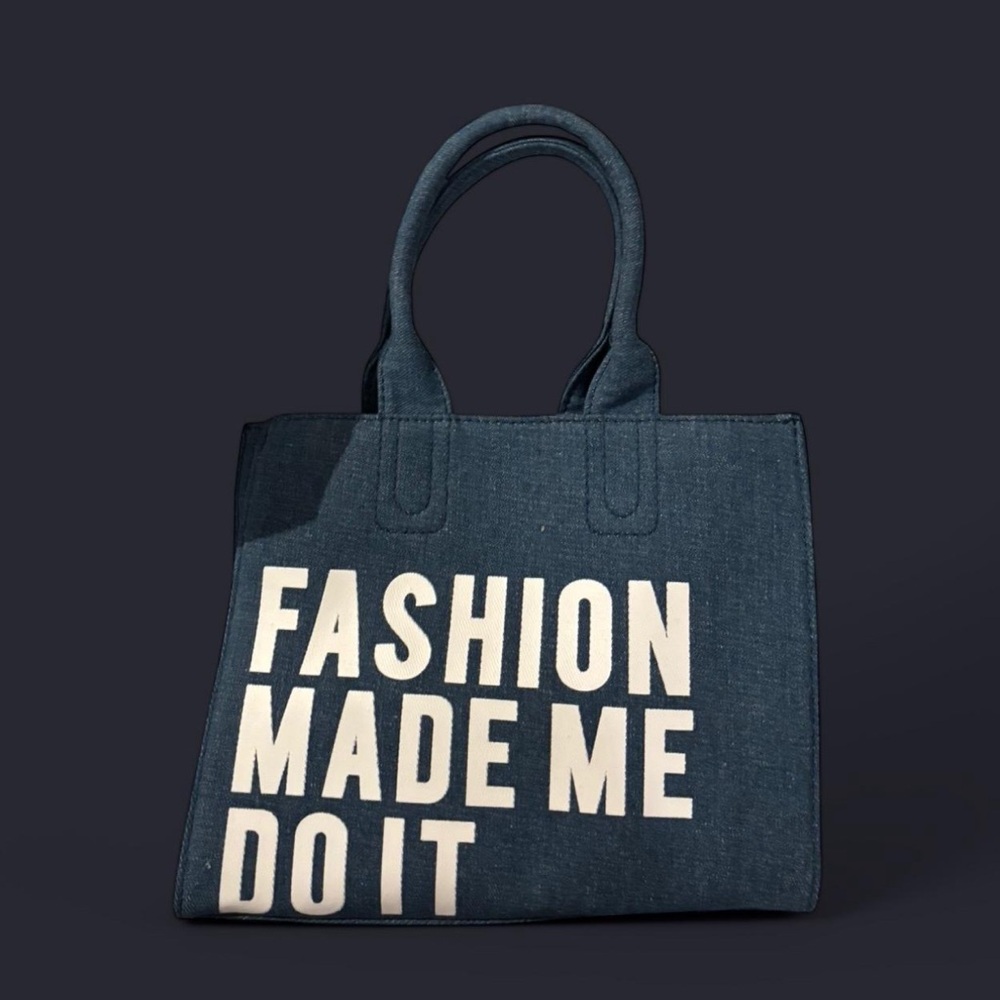 Blue Crossbody Bag with Bold Text and Structured Design